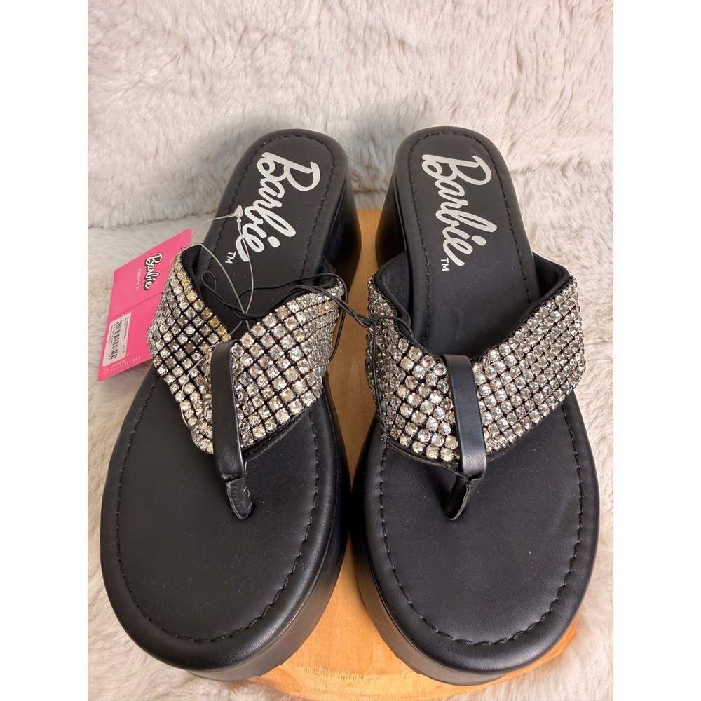 Barbie Forever 21 Rhinestone Platform Wedge Sandals Black Size 7.5 Thong Dscnt